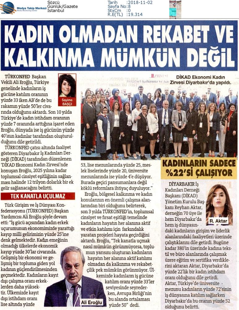 1 DİKAD Ekonomi Ve Kadin Zirvesi Medya Yansimalari 1 Kasim 2018 Diyarbakir - 1