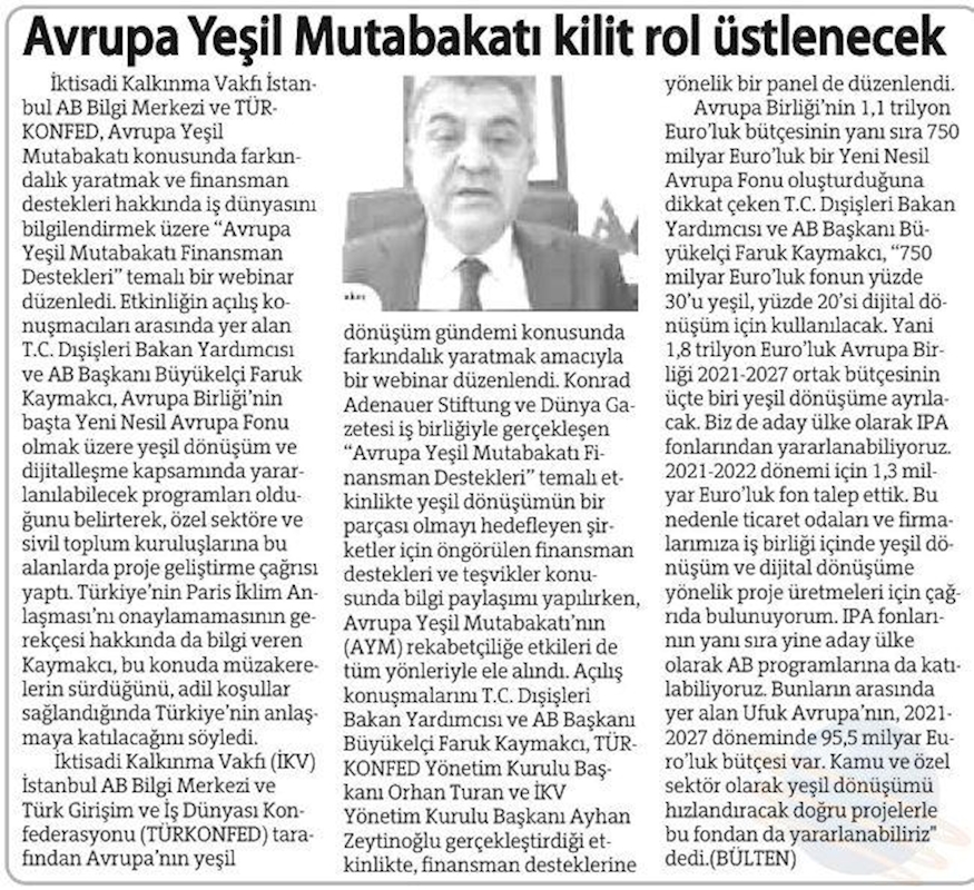Avrupa Yesil Mutabakati Finansman Destekleri Webinari Basin Yansimalari 3 Agustos 2021 - 2