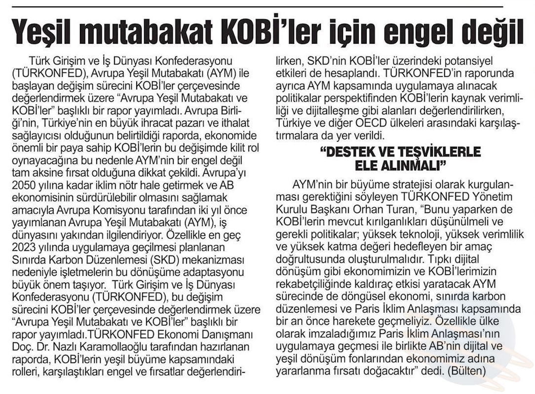 Avrupa Yesil Mutabakati Ve KOBİ'ler Raporu Basin Yansimalari 27 Nisan 2021 - 12