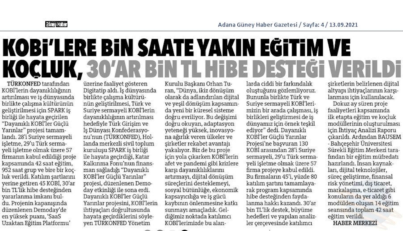 Dayanikli KOBİ'ler Guclu Yarinlar Kapanis Toplantısı Basin Yansimalari 9 Eylul 2021 - 16