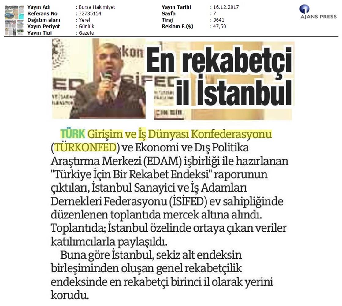 TÜRKONFED Isifed Rekabet Endeksi Tanitim Toplantısı Medya Yansimalari 14 Aralik 2017 Istanbul - 1