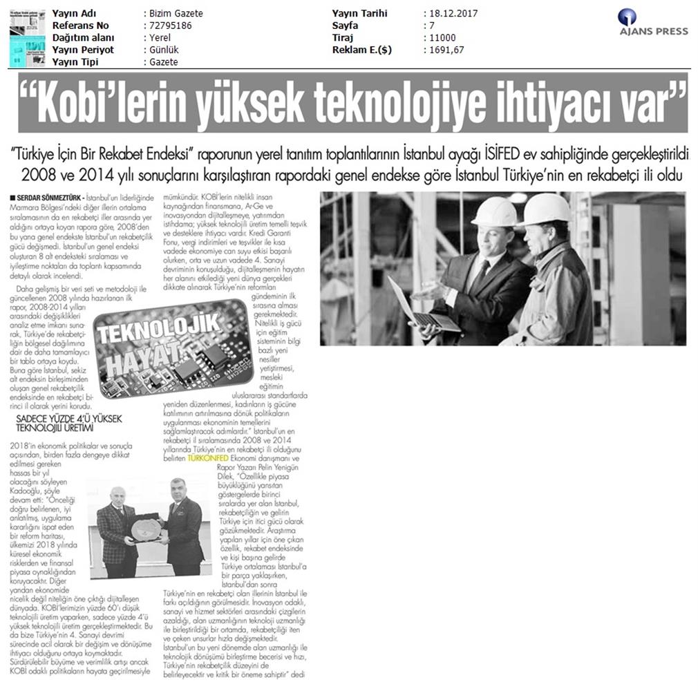 TÜRKONFED Isifed Rekabet Endeksi Tanitim Toplantısı Medya Yansimalari 14 Aralik 2017 Istanbul - 14