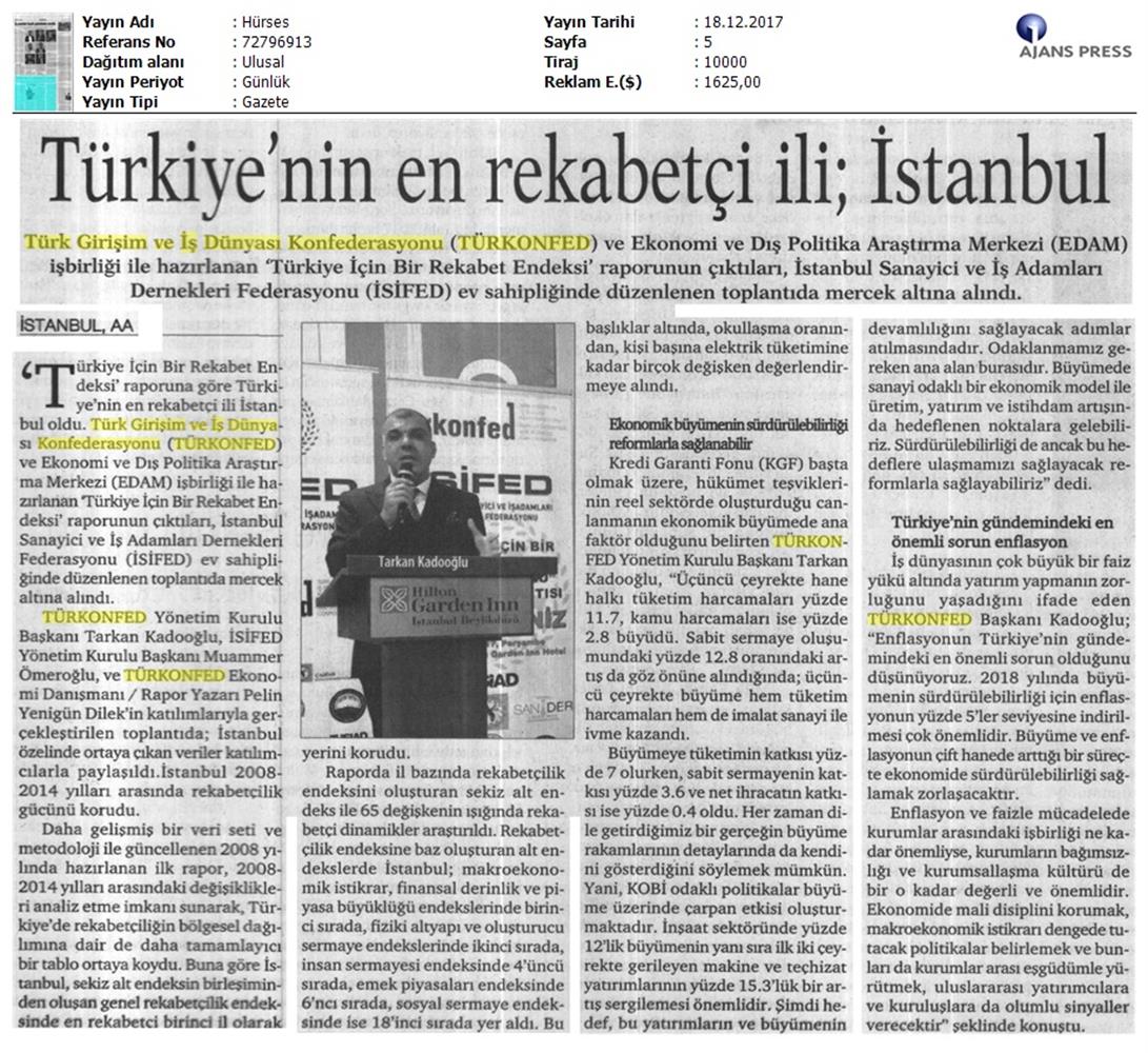 TÜRKONFED Isifed Rekabet Endeksi Tanitim Toplantısı Medya Yansimalari 14 Aralik 2017 Istanbul - 15