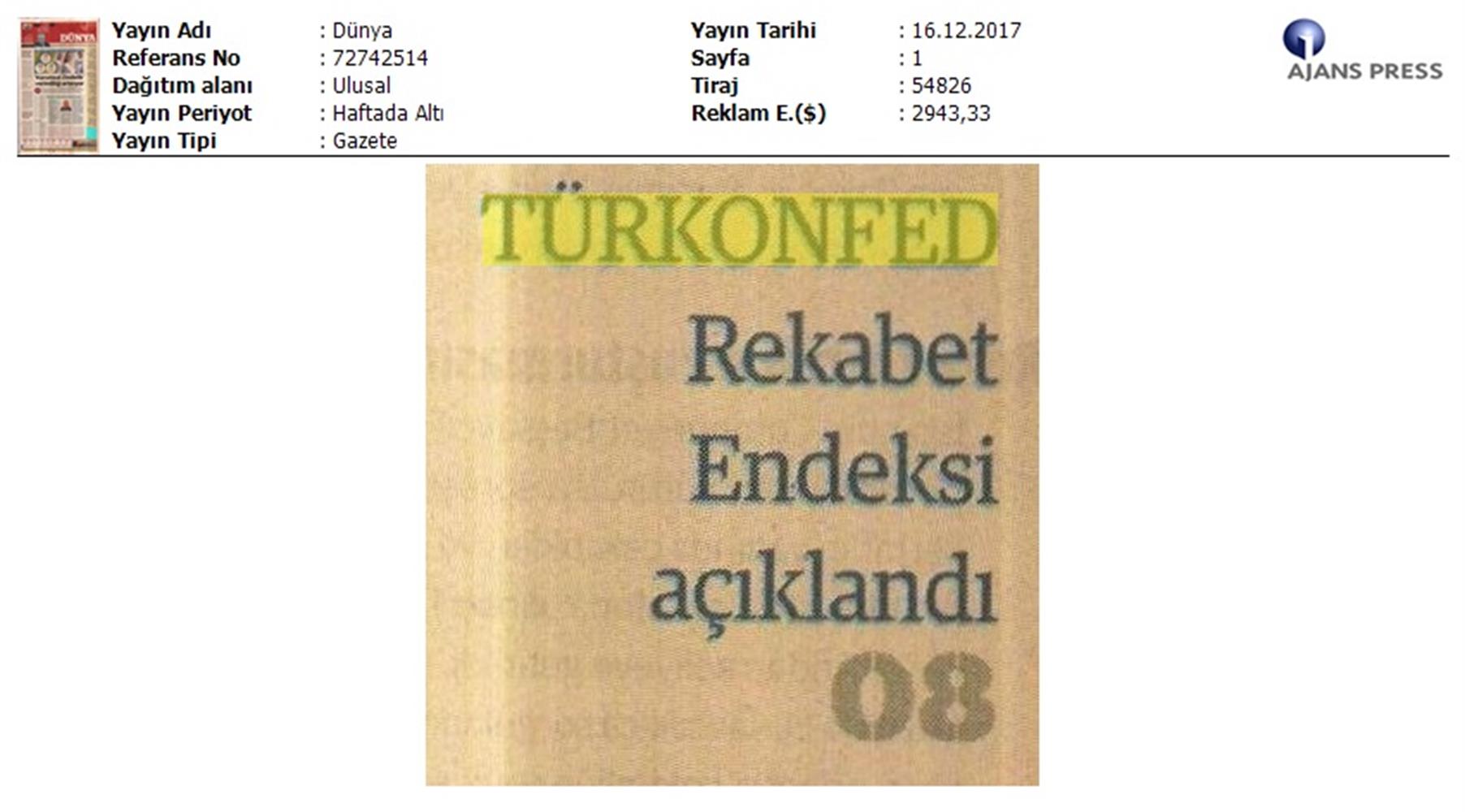TÜRKONFED Isifed Rekabet Endeksi Tanitim Toplantısı Medya Yansimalari 14 Aralik 2017 Istanbul - 18