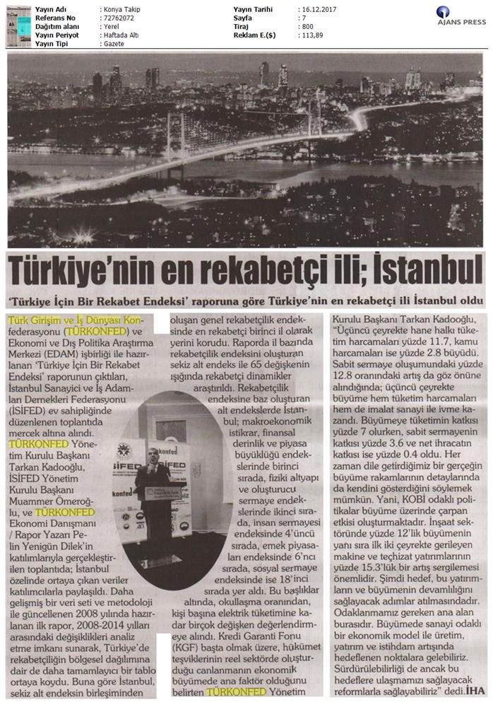 TÜRKONFED Isifed Rekabet Endeksi Tanitim Toplantısı Medya Yansimalari 14 Aralik 2017 Istanbul - 20