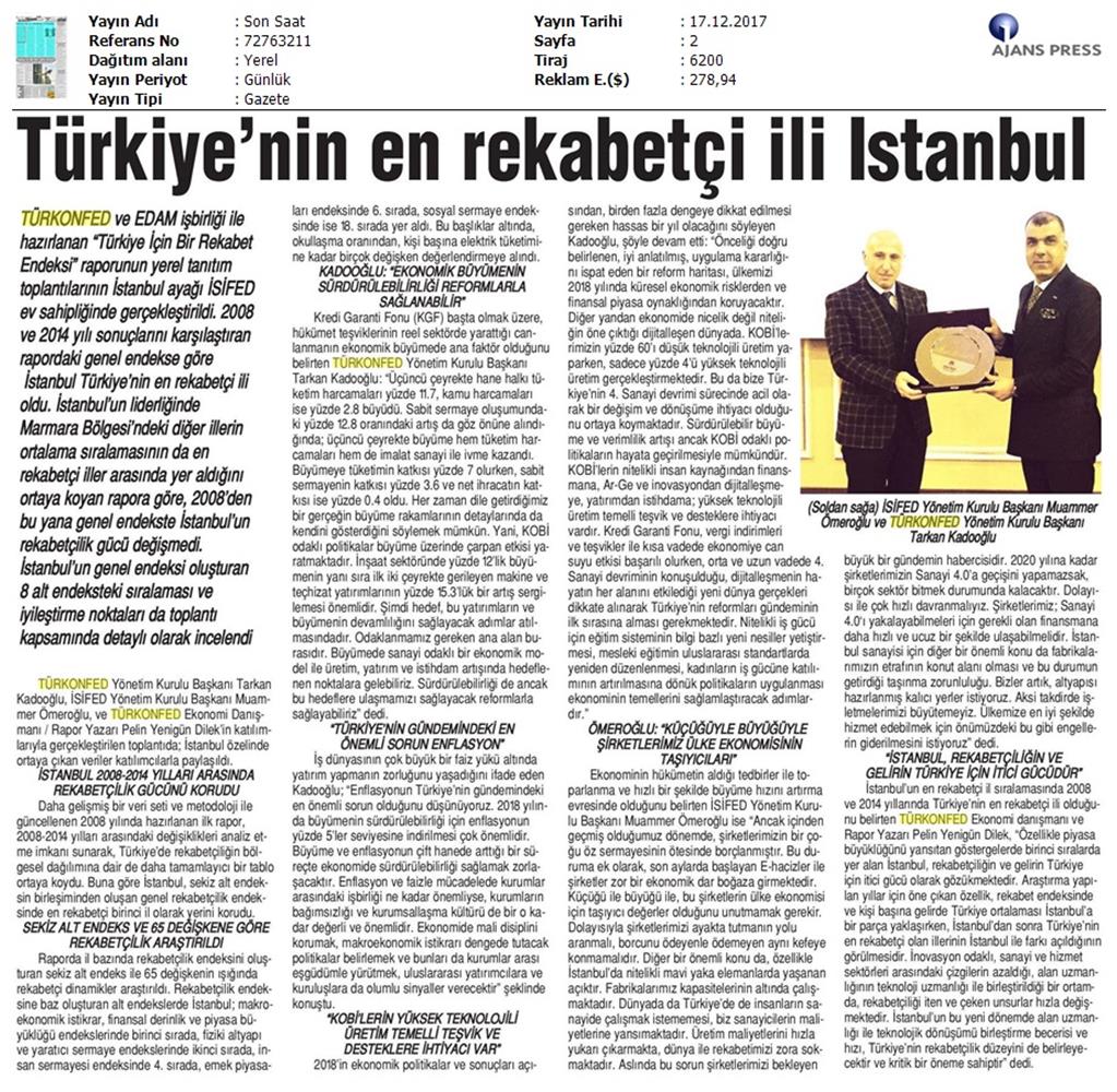 TÜRKONFED Isifed Rekabet Endeksi Tanitim Toplantısı Medya Yansimalari 14 Aralik 2017 Istanbul - 21