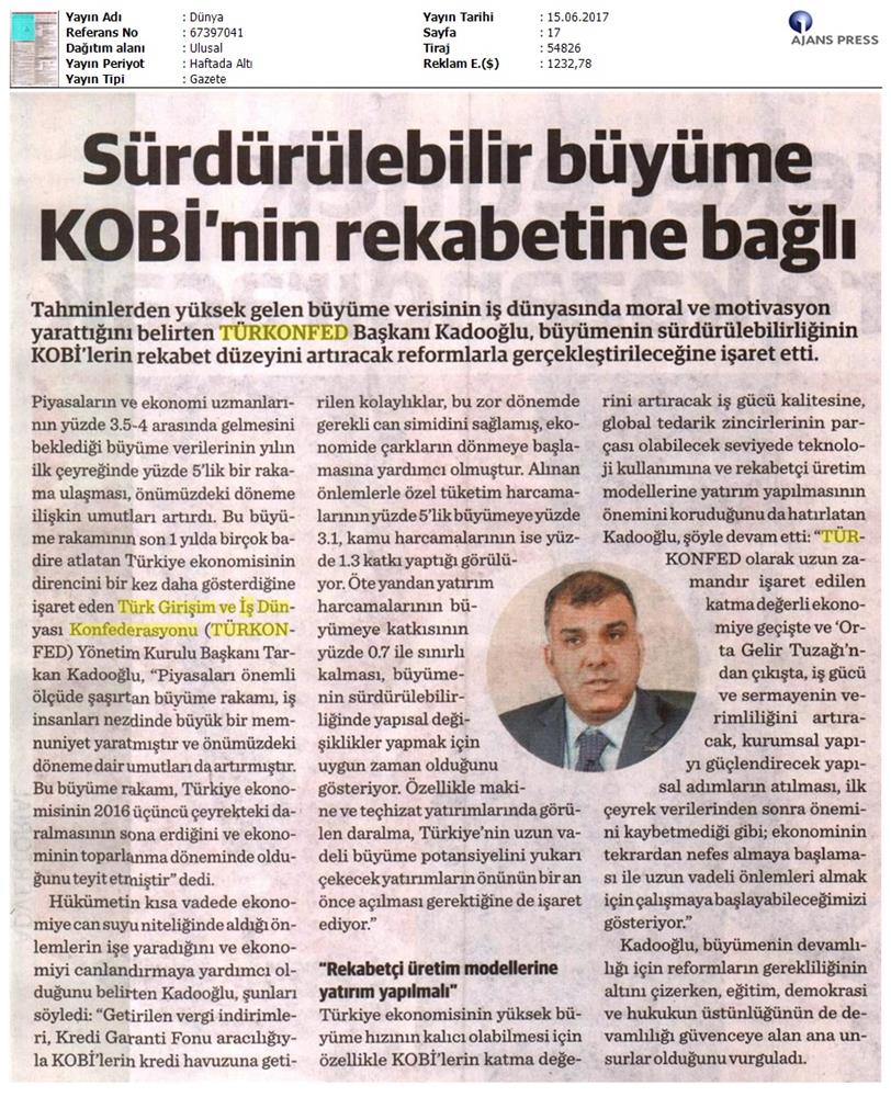 TÜRKONFED 1 Ceyrek Buyume Verisi Basin Bulteni Medya Yansimasi 15 Haziran 2017 - 15