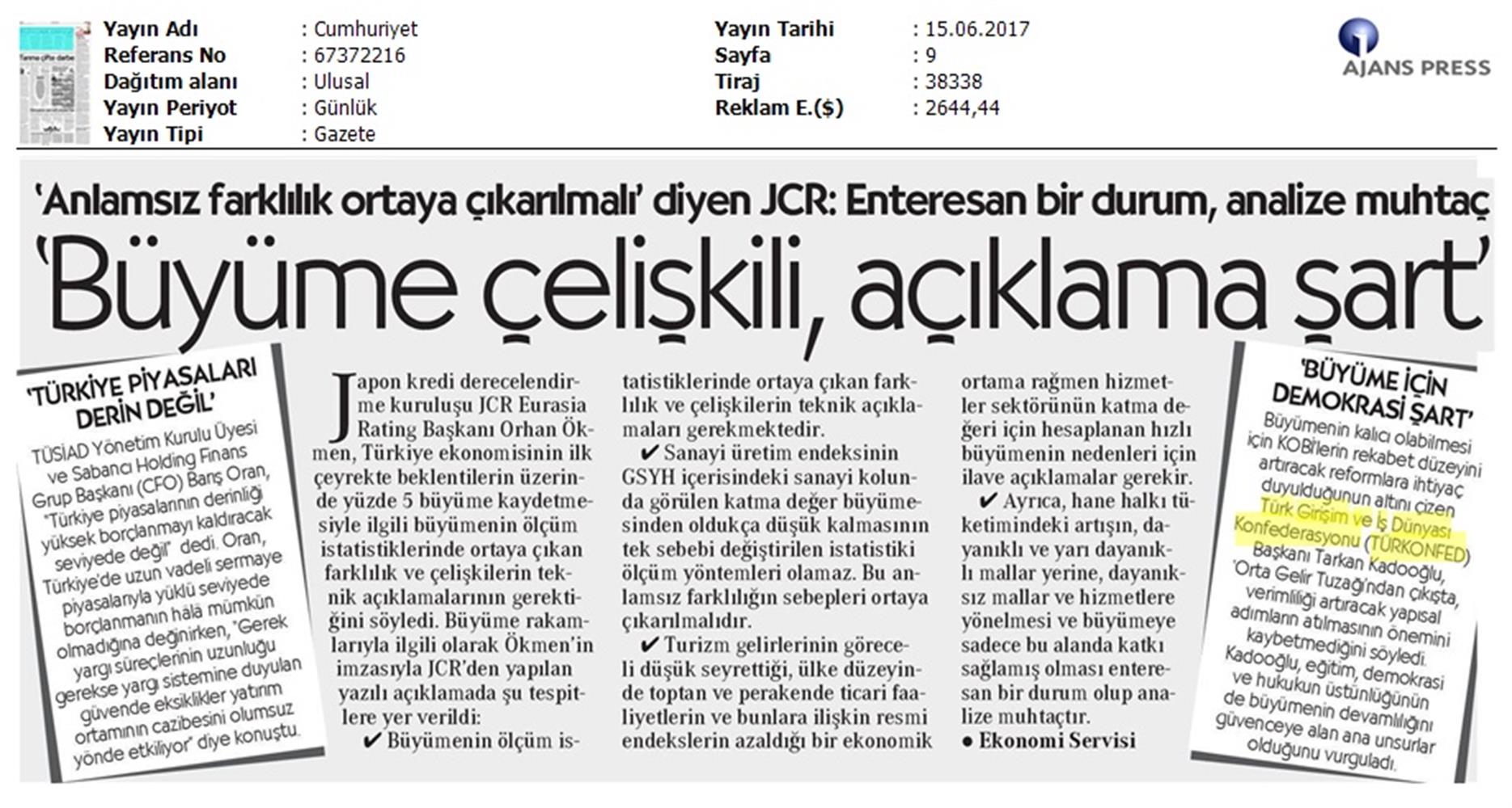 TÜRKONFED 1 Ceyrek Buyume Verisi Basin Bulteni Medya Yansimasi 15 Haziran 2017 - 18