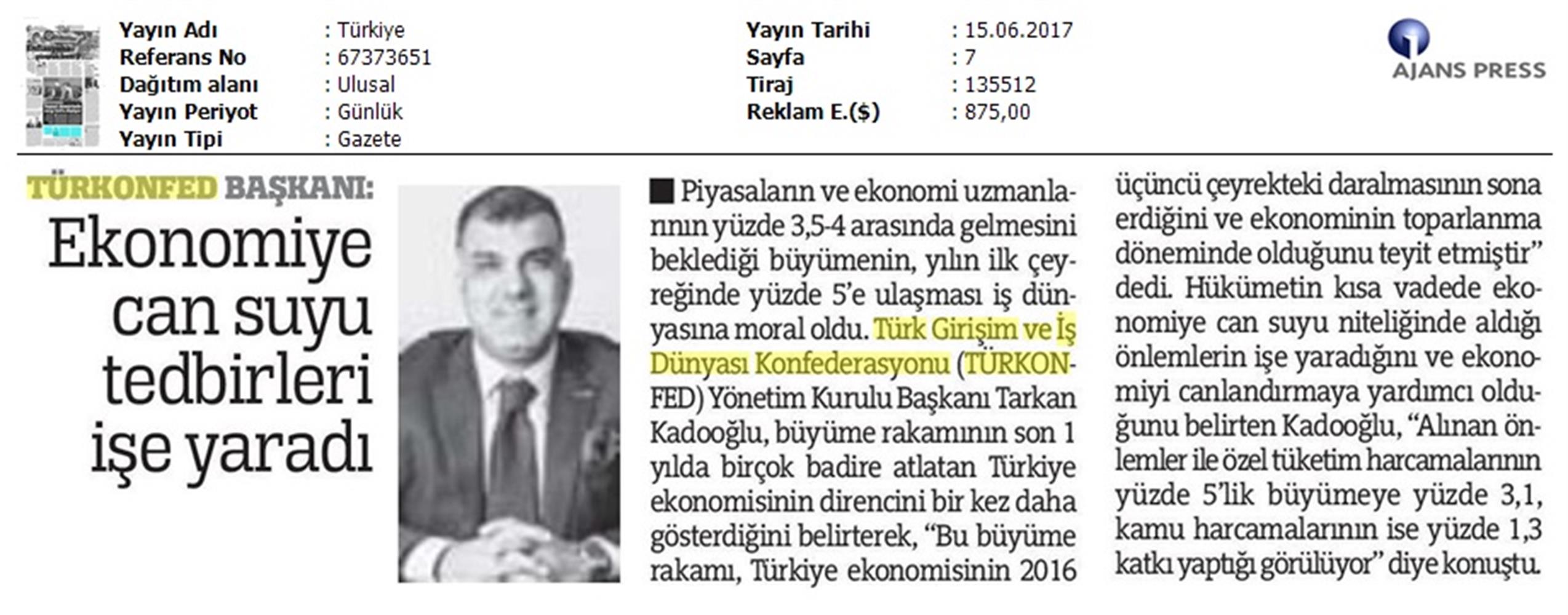TÜRKONFED 1 Ceyrek Buyume Verisi Basin Bulteni Medya Yansimasi 15 Haziran 2017 - 28