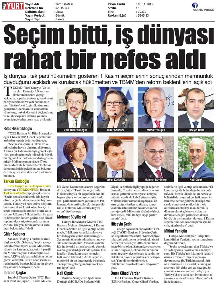 TÜRKONFED 1 Kasim Secimleri Aciklamasi Ulusal Gazetelerde Yansimalar - 6