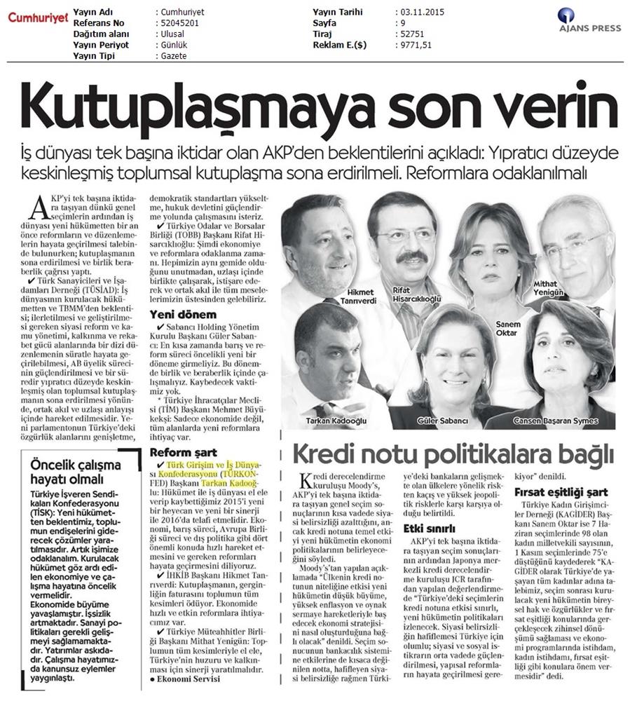 TÜRKONFED 1 Kasim Secimleri Aciklamasi Ulusal Gazetelerde Yansimalar - 10