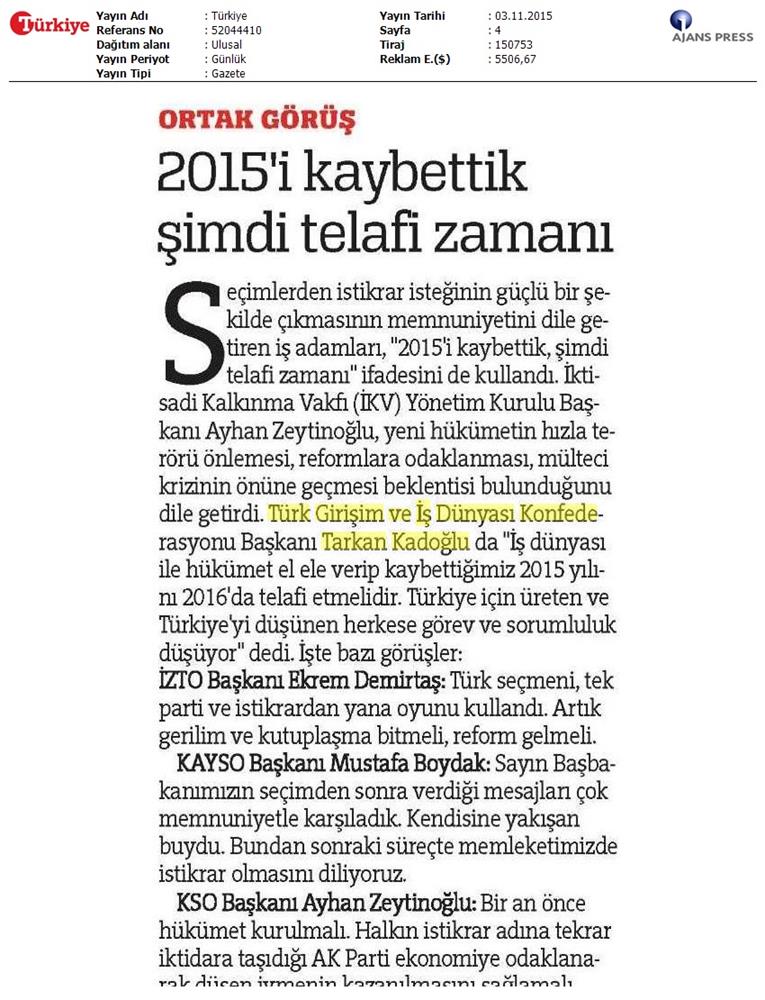 TÜRKONFED 1 Kasim Secimleri Aciklamasi Ulusal Gazetelerde Yansimalar - 11