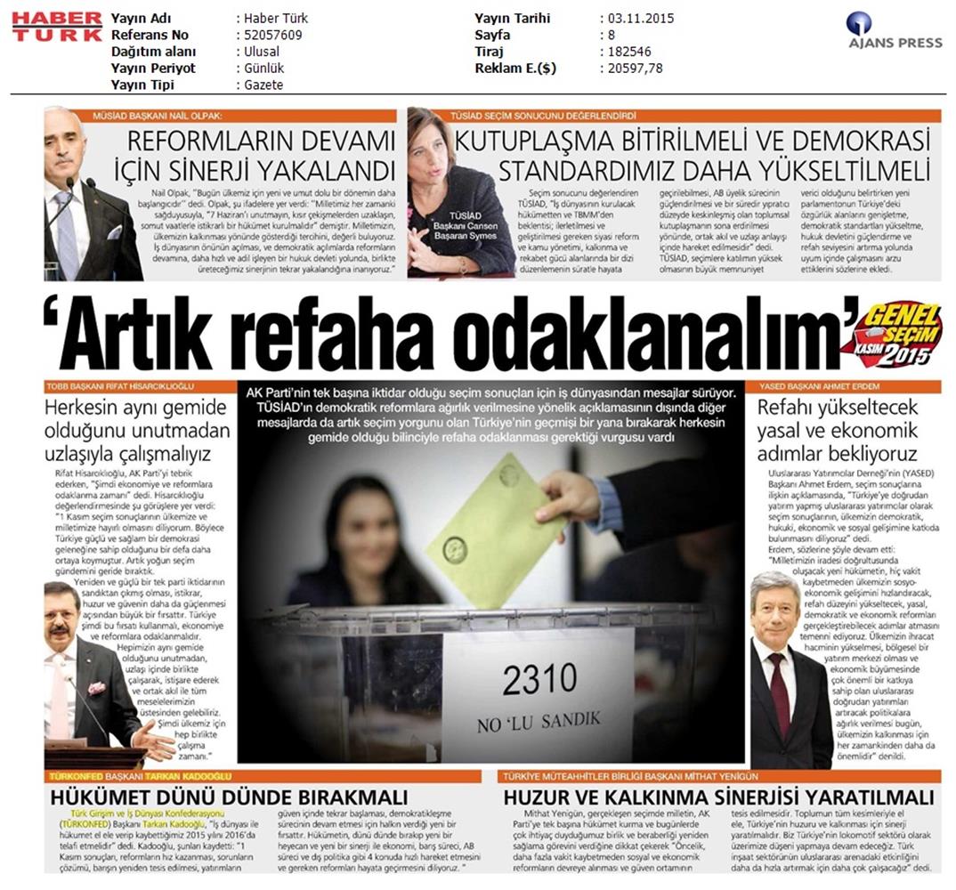 TÜRKONFED 1 Kasim Secimleri Aciklamasi Ulusal Gazetelerde Yansimalar - 16