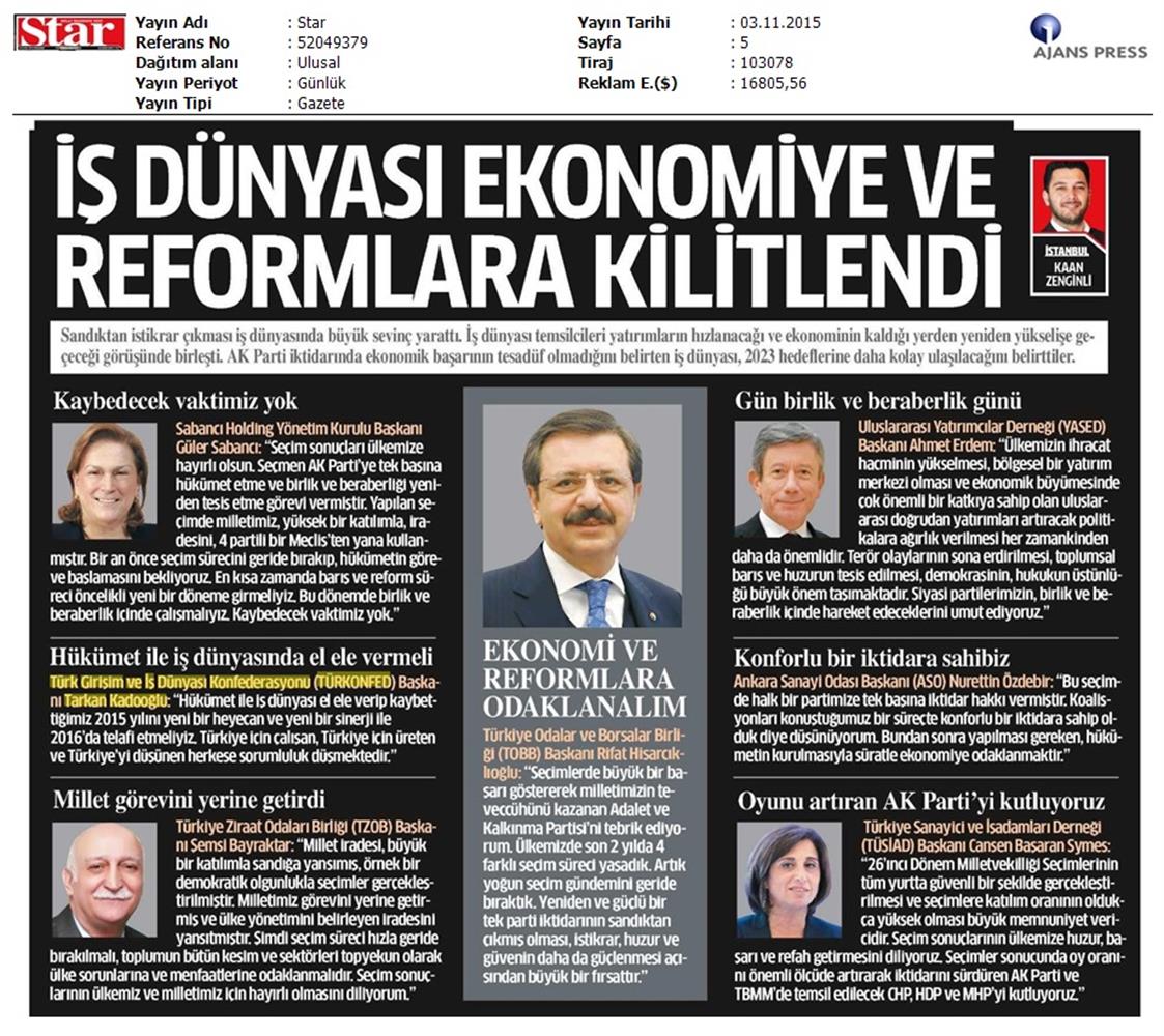 TÜRKONFED 1 Kasim Secimleri Aciklamasi Ulusal Gazetelerde Yansimalar - 17