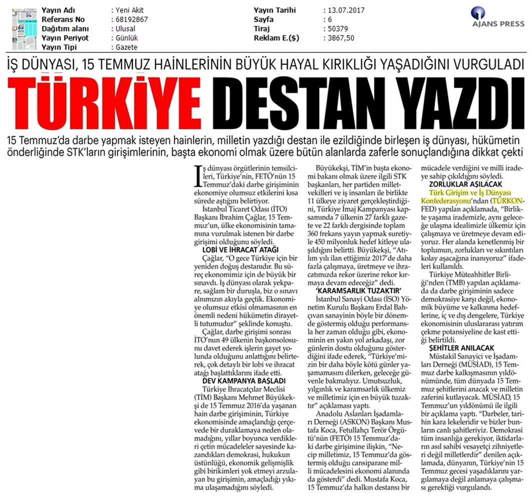 TÜRKONFED 15 Temmuz Demokrasi Ve Milli Birlik Gunu Basin Aciklamasi Medya Yansimalari 13 14 Temmuz 2017 - 5