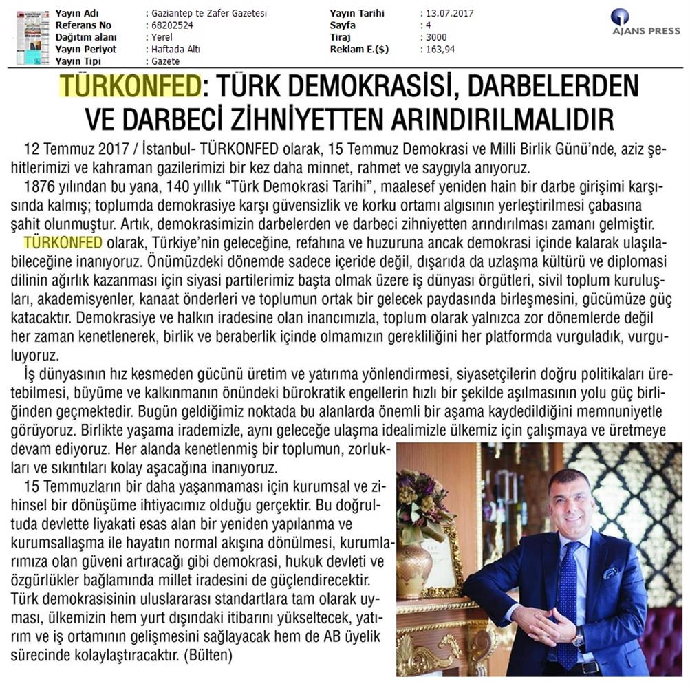 TÜRKONFED 15 Temmuz Demokrasi Ve Milli Birlik Gunu Basin Aciklamasi Medya Yansimalari 13 14 Temmuz 2017 - 6