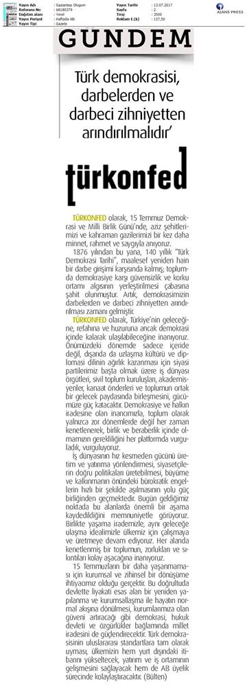 TÜRKONFED 15 Temmuz Demokrasi Ve Milli Birlik Gunu Basin Aciklamasi Medya Yansimalari 13 14 Temmuz 2017 - 7