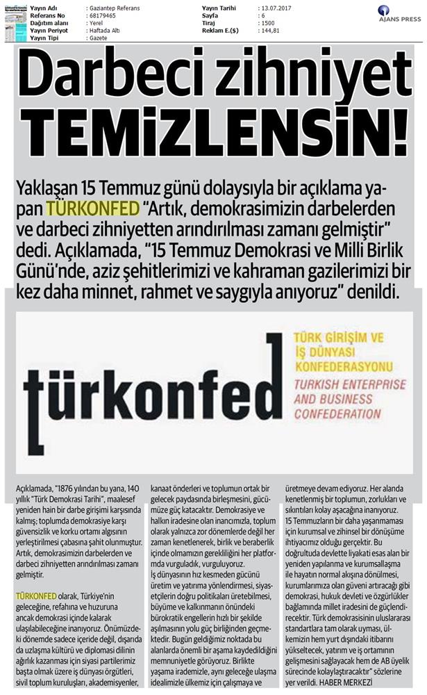 TÜRKONFED 15 Temmuz Demokrasi Ve Milli Birlik Gunu Basin Aciklamasi Medya Yansimalari 13 14 Temmuz 2017 - 9
