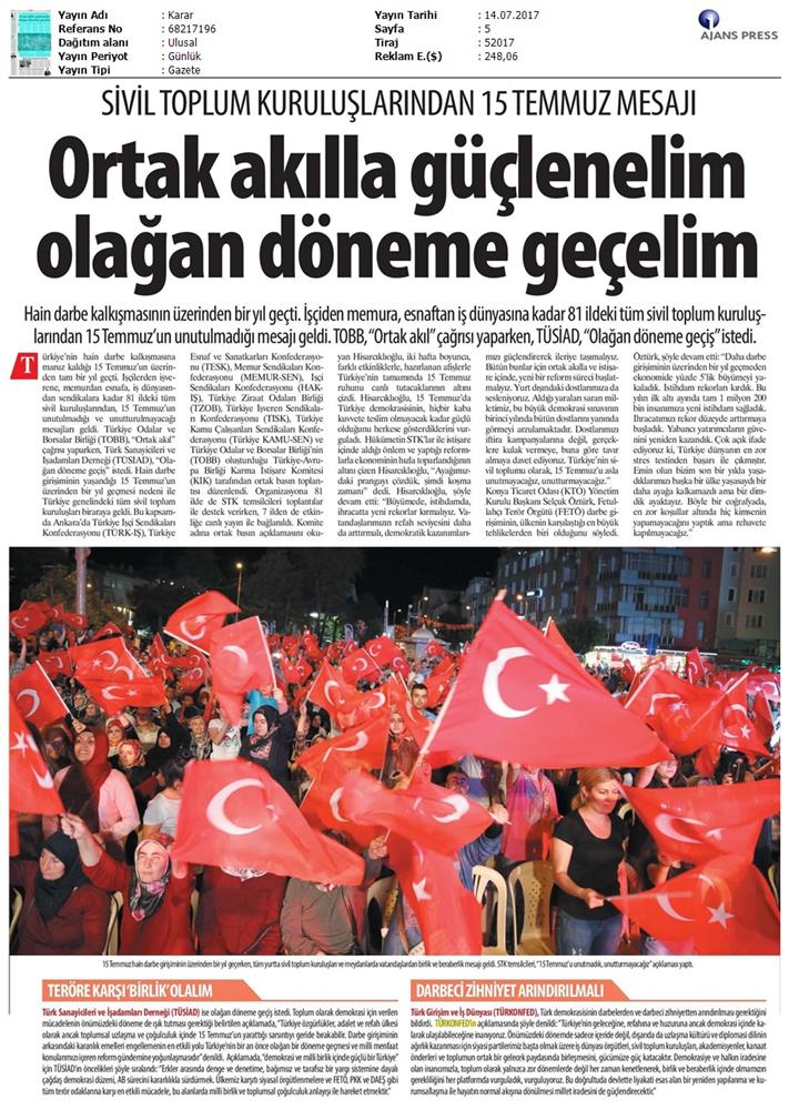 TÜRKONFED 15 Temmuz Demokrasi Ve Milli Birlik Gunu Basin Aciklamasi Medya Yansimalari 13 14 Temmuz 2017 - 11