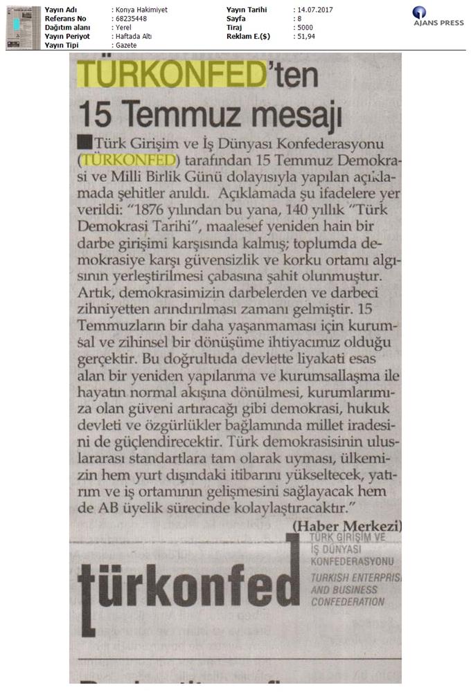 TÜRKONFED 15 Temmuz Demokrasi Ve Milli Birlik Gunu Basin Aciklamasi Medya Yansimalari 13 14 Temmuz 2017 - 13