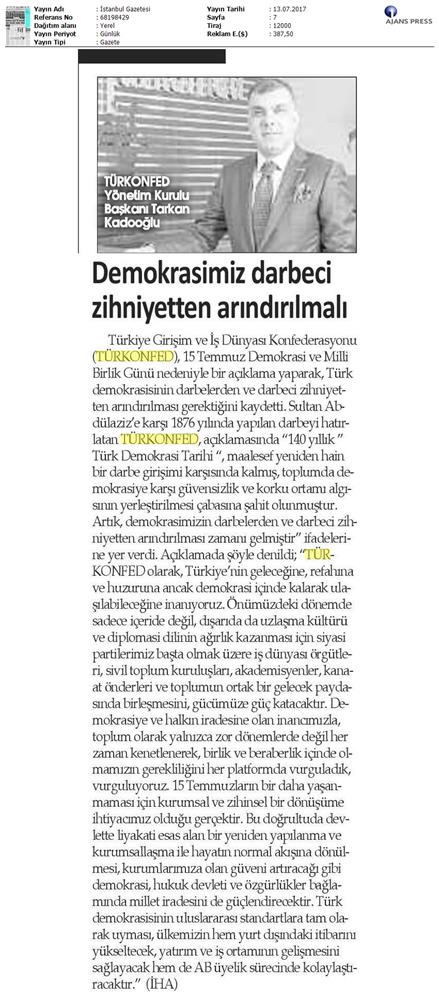 TÜRKONFED 15 Temmuz Demokrasi Ve Milli Birlik Gunu Basin Aciklamasi Medya Yansimalari 13 14 Temmuz 2017 - 15