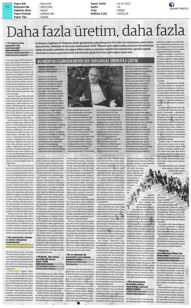 TÜRKONFED 15 Temmuz Demokrasi Ve Milli Birlik Gunu Basin Aciklamasi Medya Yansimalari 13 14 Temmuz 2017 - 17