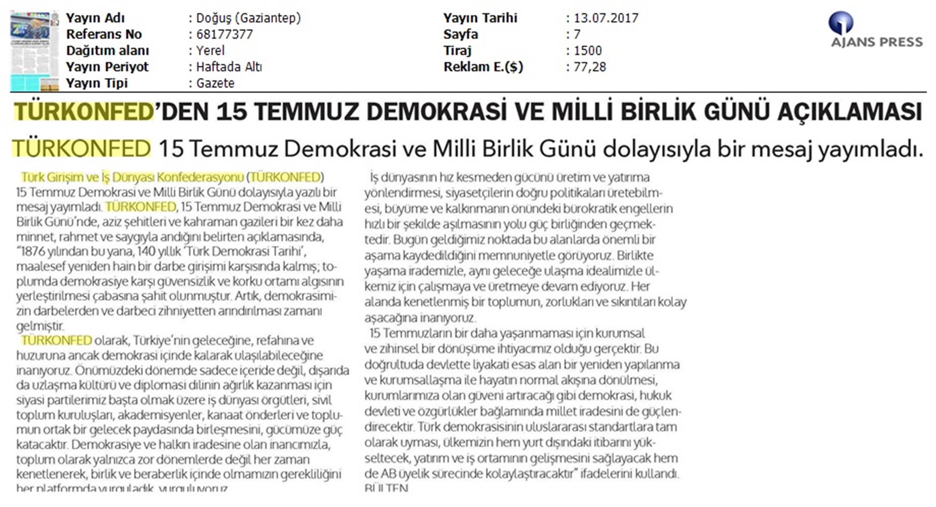 TÜRKONFED 15 Temmuz Demokrasi Ve Milli Birlik Gunu Basin Aciklamasi Medya Yansimalari 13 14 Temmuz 2017 - 22