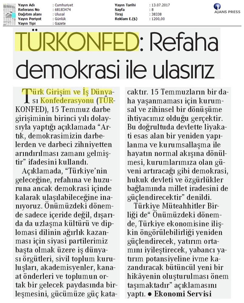 TÜRKONFED 15 Temmuz Demokrasi Ve Milli Birlik Gunu Basin Aciklamasi Medya Yansimalari 13 14 Temmuz 2017 - 27