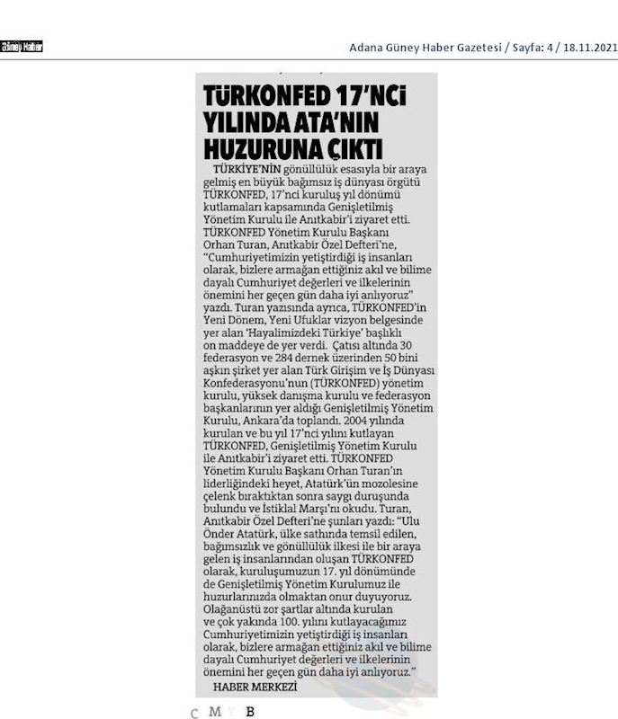 TÜRKONFED 17nci Kurulus Yil Donumu Basin Yansimalari 17 Kasim 2021 - 1