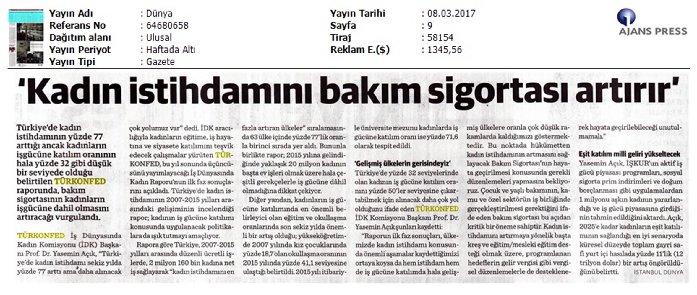 TÜRKONFED 2017 3 Is Dunyasinda Kadin Raporunun Ilk Faz Sonuclari Basin Yansimalari 8 Mart 2017 - 6