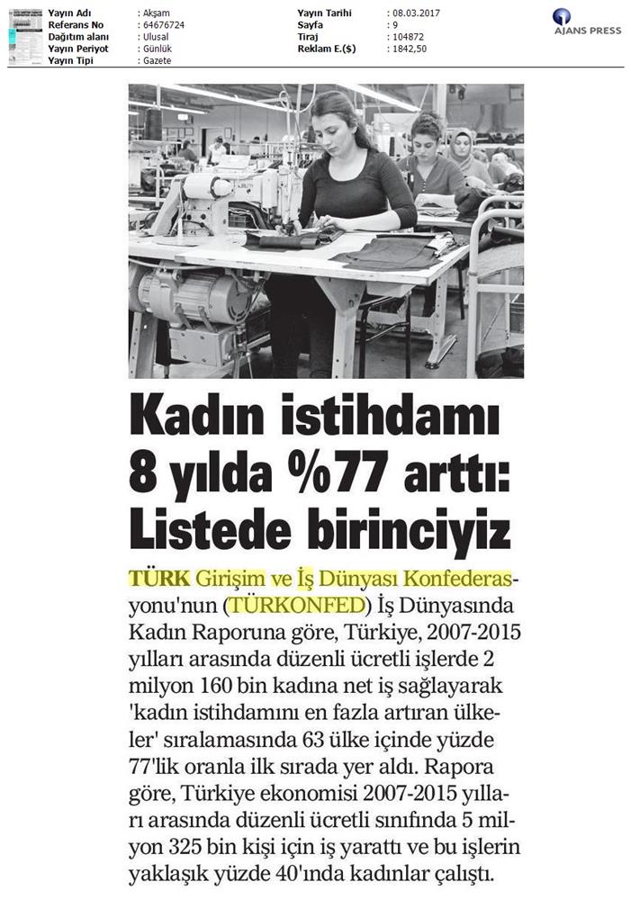 TÜRKONFED 2017 3 Is Dunyasinda Kadin Raporunun Ilk Faz Sonuclari Basin Yansimalari 8 Mart 2017 - 8