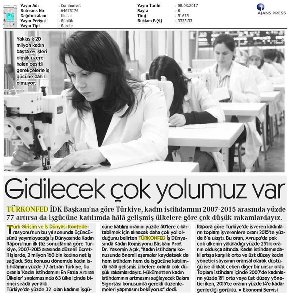 TÜRKONFED 2017 3 Is Dunyasinda Kadin Raporunun Ilk Faz Sonuclari Basin Yansimalari 8 Mart 2017 - 16