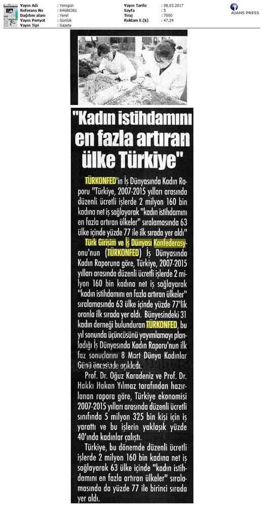 TÜRKONFED 2017 3 Is Dunyasinda Kadin Raporunun Ilk Faz Sonuclari Basin Yansimalari 8 Mart 2017 - 26