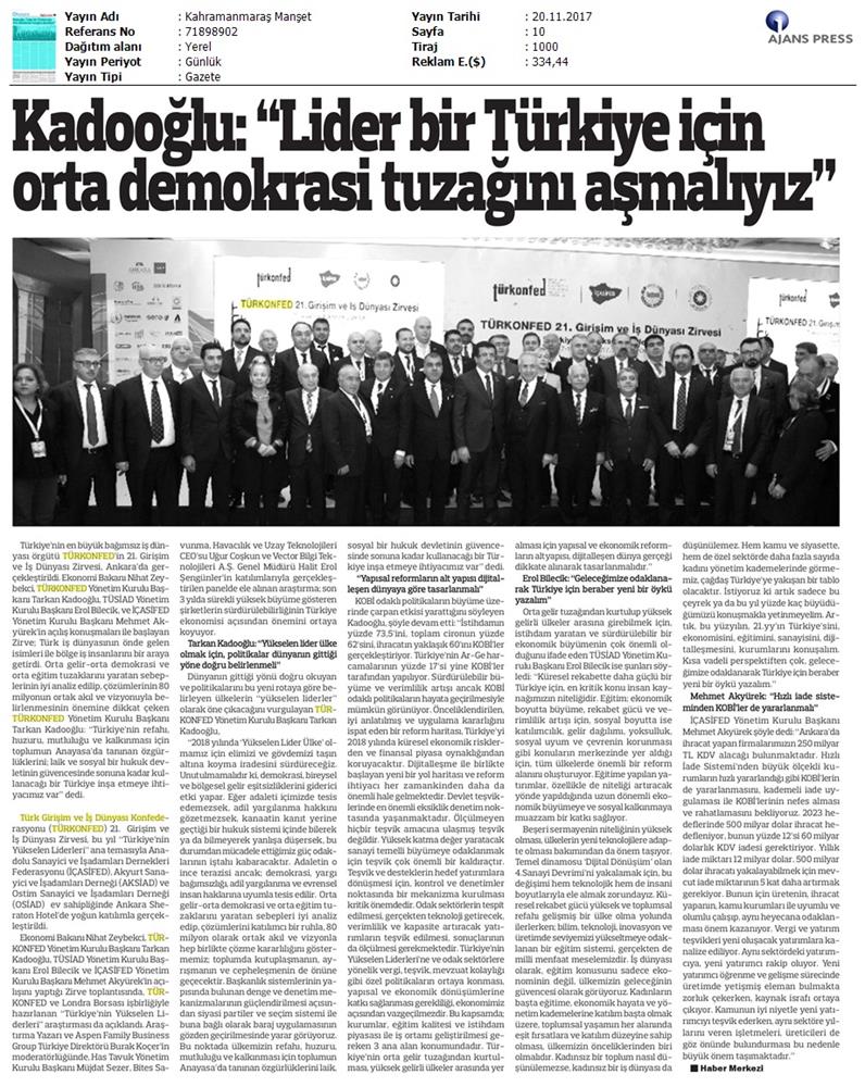 TÜRKONFED 21 Girişim Ve Is Dunyasi Zirvesi Medya Yansimalari 18 Kasim 2017 - 10