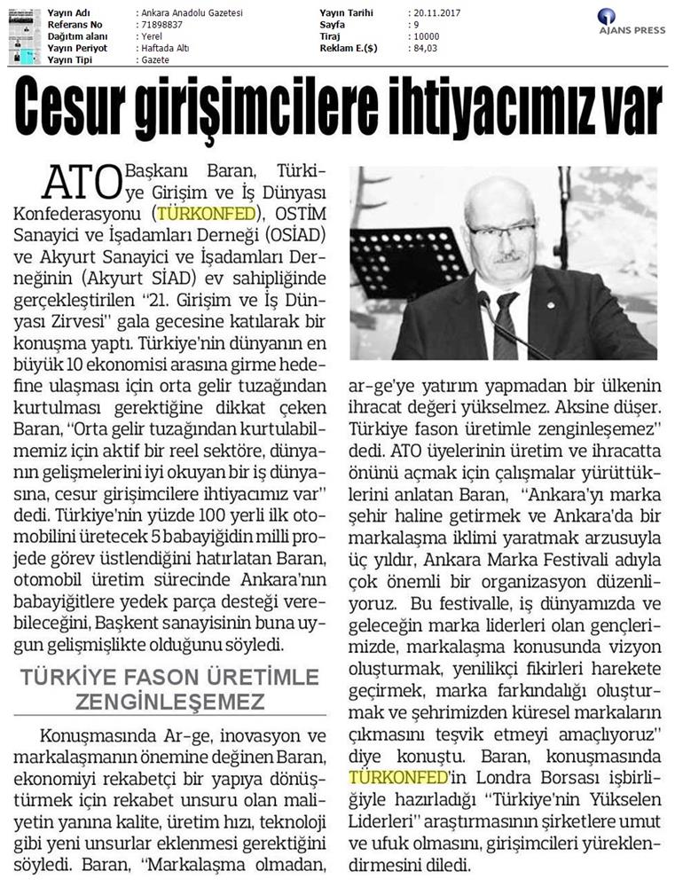TÜRKONFED 21 Girişim Ve Is Dunyasi Zirvesi Medya Yansimalari 18 Kasim 2017 - 42