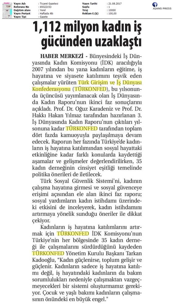 TÜRKONFED 3 Is Dunyasinda Kadin Raporu Ii Faz Basin Bulteni Medya Yansimalari 20 Agustos 2017 - 2