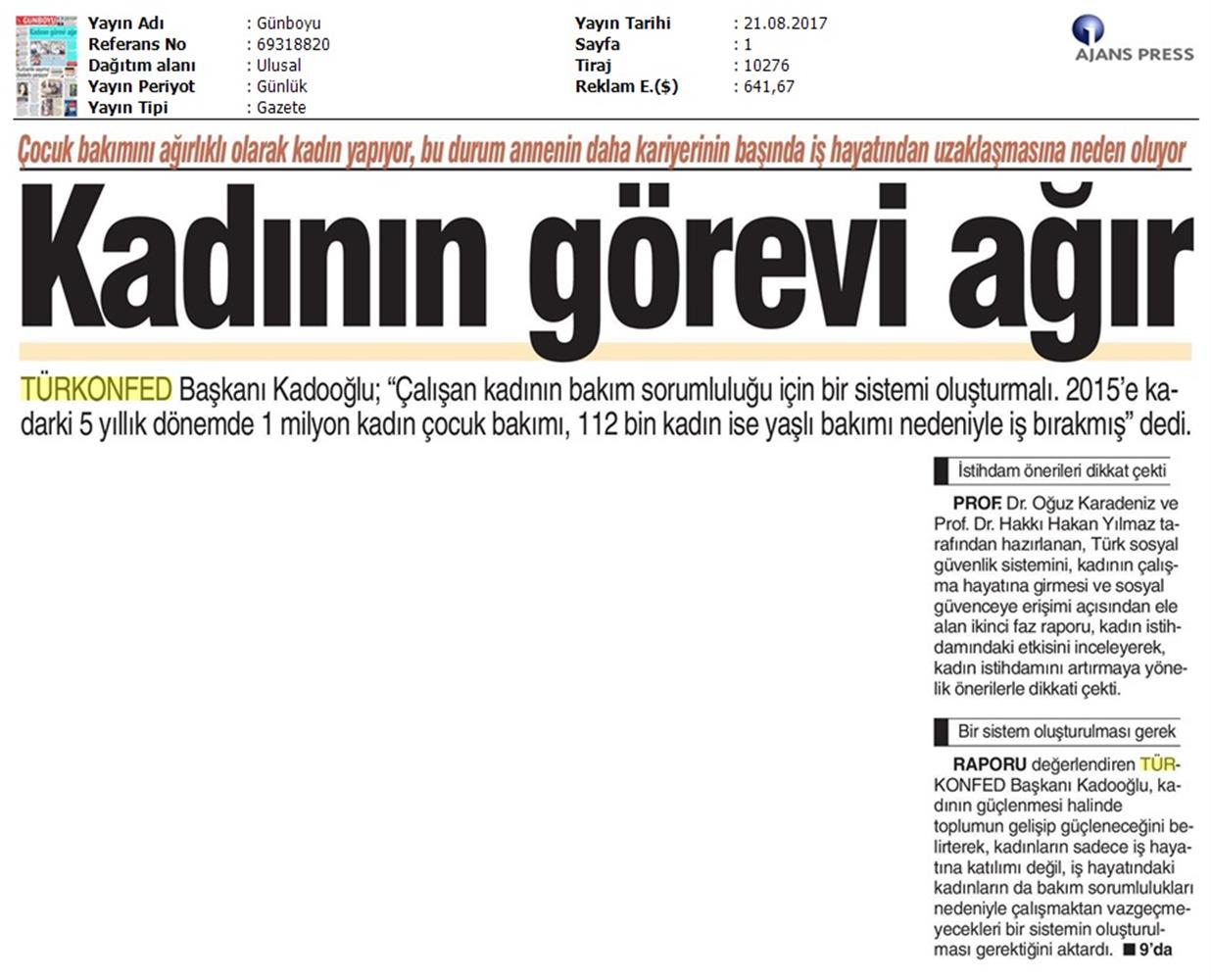 TÜRKONFED 3 Is Dunyasinda Kadin Raporu Ii Faz Basin Bulteni Medya Yansimalari 20 Agustos 2017 - 12