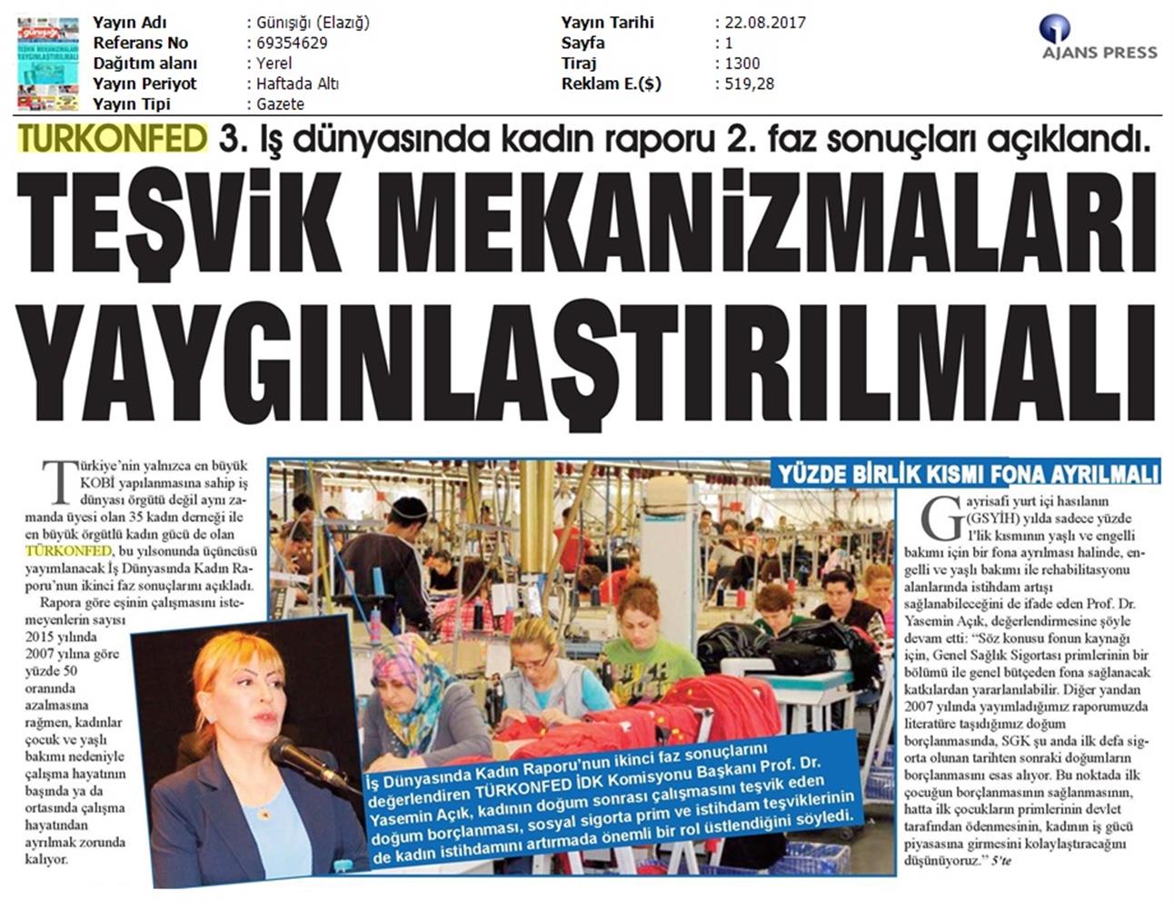 TÜRKONFED 3 Is Dunyasinda Kadin Raporu Ii Faz Basin Bulteni Medya Yansimalari 20 Agustos 2017 - 19