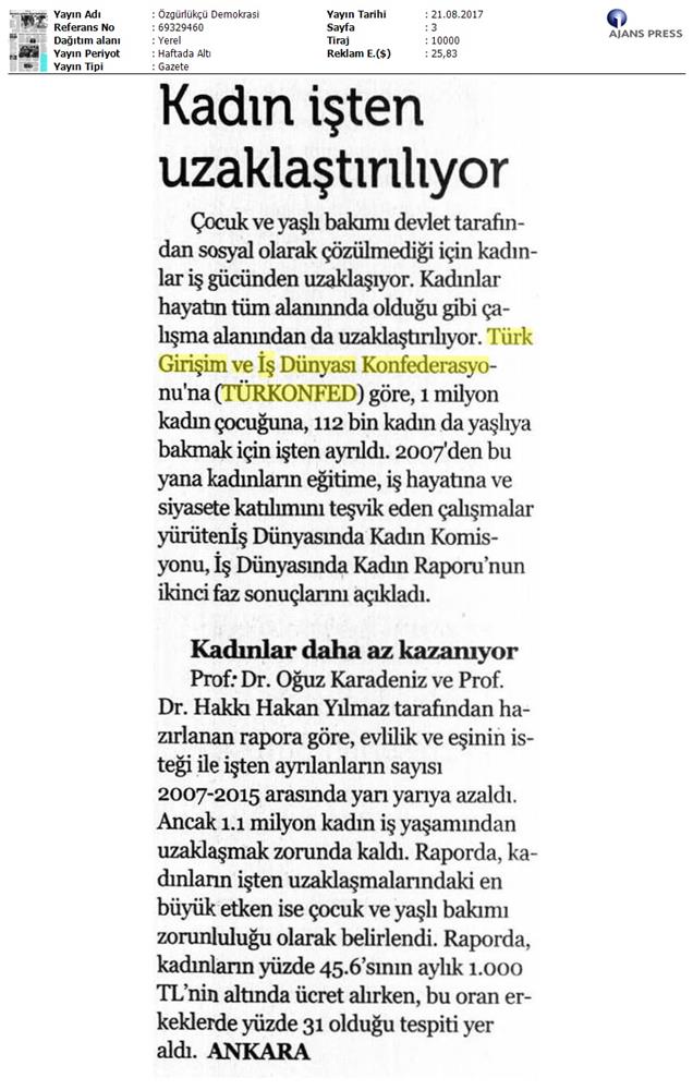 TÜRKONFED 3 Is Dunyasinda Kadin Raporu Ii Faz Basin Bulteni Medya Yansimalari 20 Agustos 2017 - 20