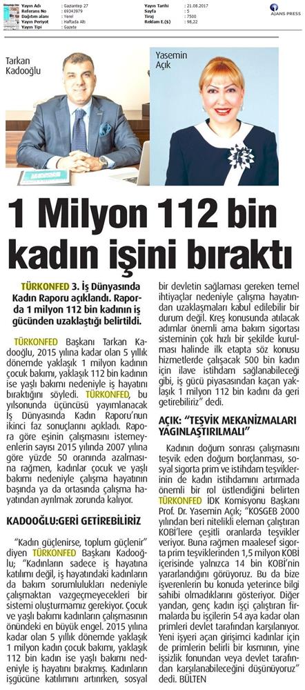 TÜRKONFED 3 Is Dunyasinda Kadin Raporu Ii Faz Basin Bulteni Medya Yansimalari 20 Agustos 2017 - 60