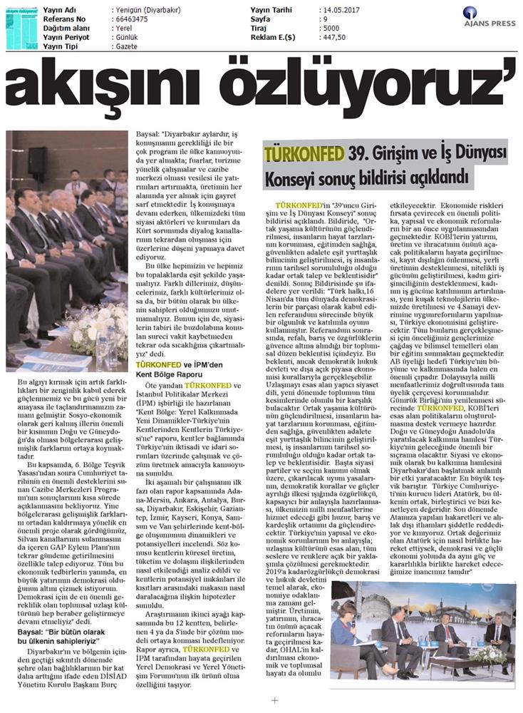 TÜRKONFED 39 Girişim Ve Is Dunyasi Konseyi Basin Yansimalari 13 Mayis 2017 - 8