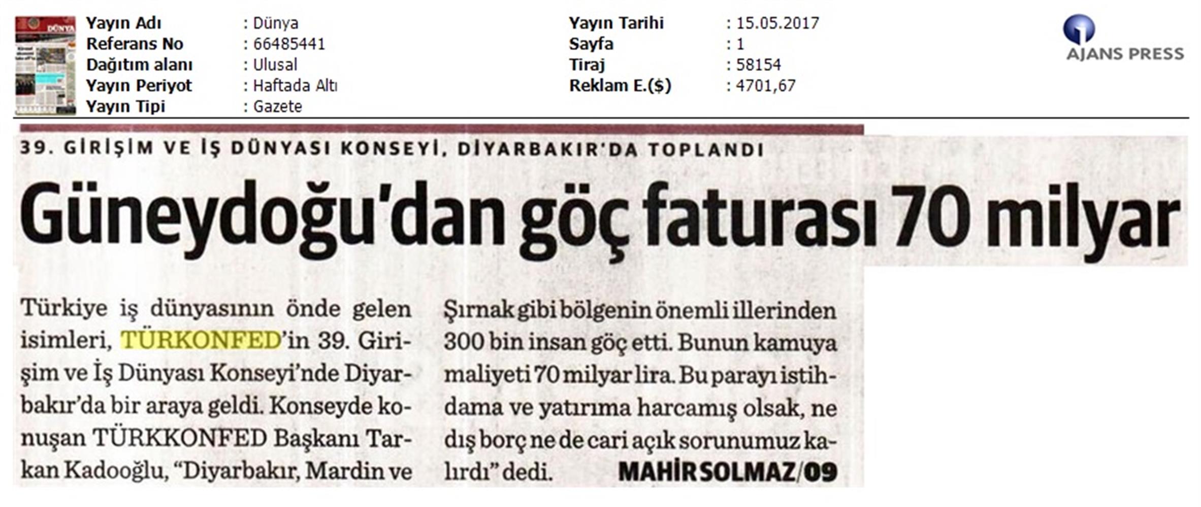 TÜRKONFED 39 Girişim Ve Is Dunyasi Konseyi Basin Yansimalari 13 Mayis 2017 - 17
