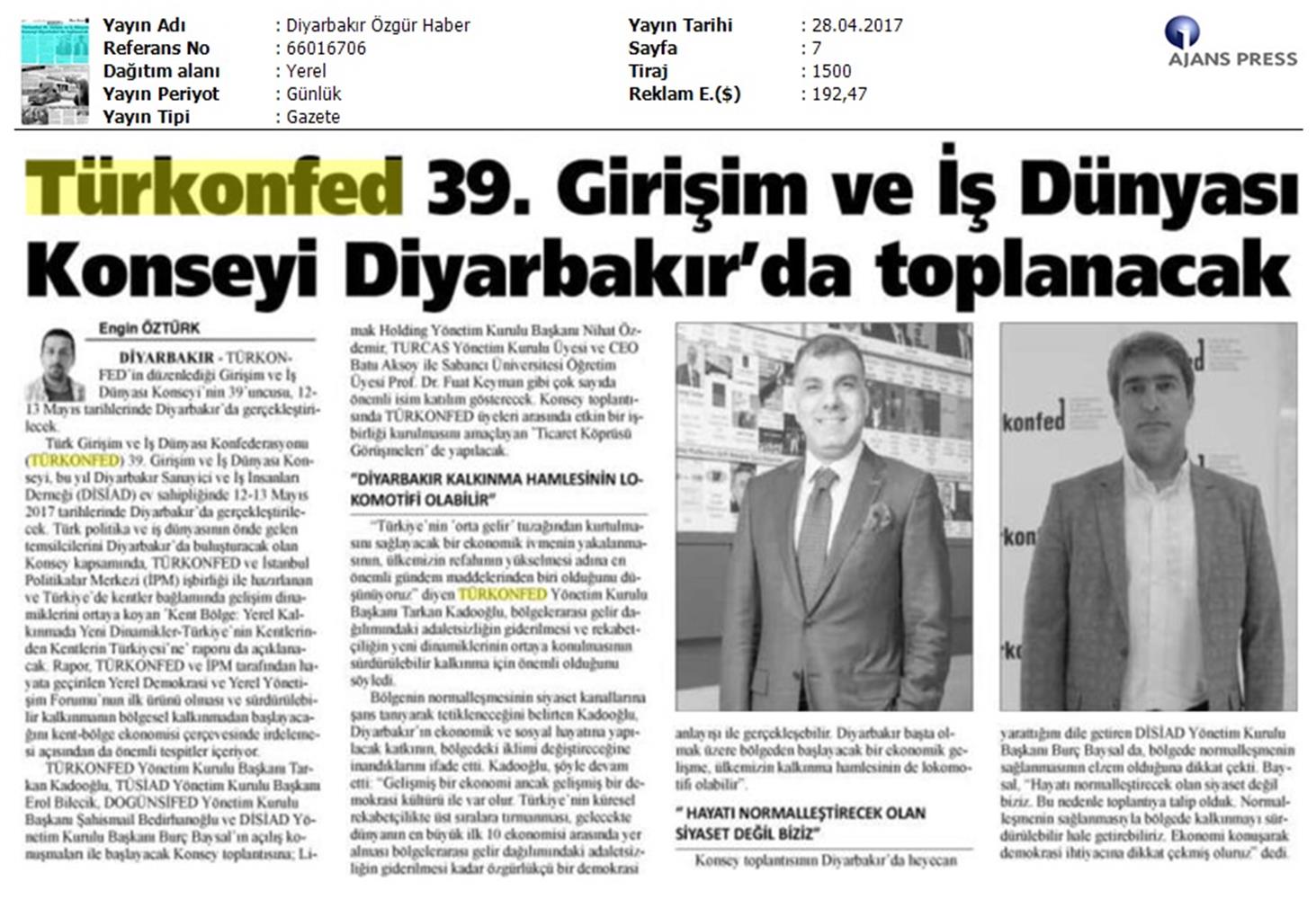 TÜRKONFED 39 Girişim Ve Is Dunyasi Konseyi On Basin Yansimalari 28 Nisan 2017 - 15