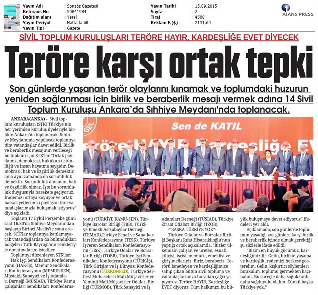 TÜRKONFED Basin Yansimalari Terore Hayir Kardeslige Evet - 9