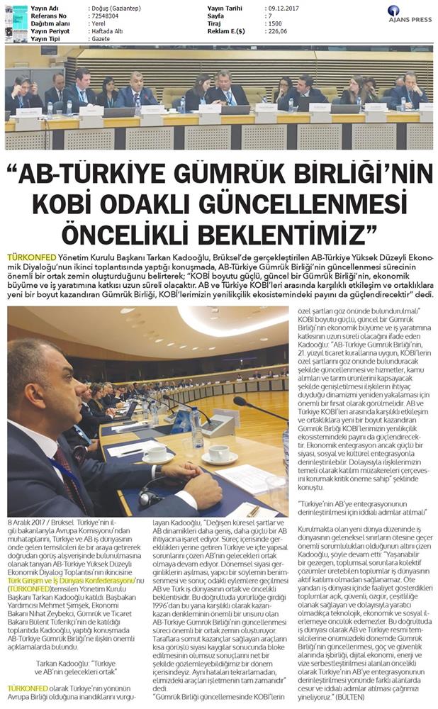 TÜRKONFED Başkani Kadooğlu Türkiye AB Ekonomi Diyalog Toplantısı Medya Yansimalari 8 Aralik 2017 - 7
