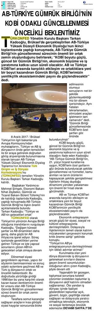 TÜRKONFED Başkani Kadooğlu Türkiye AB Ekonomi Diyalog Toplantısı Medya Yansimalari 8 Aralik 2017 - 9