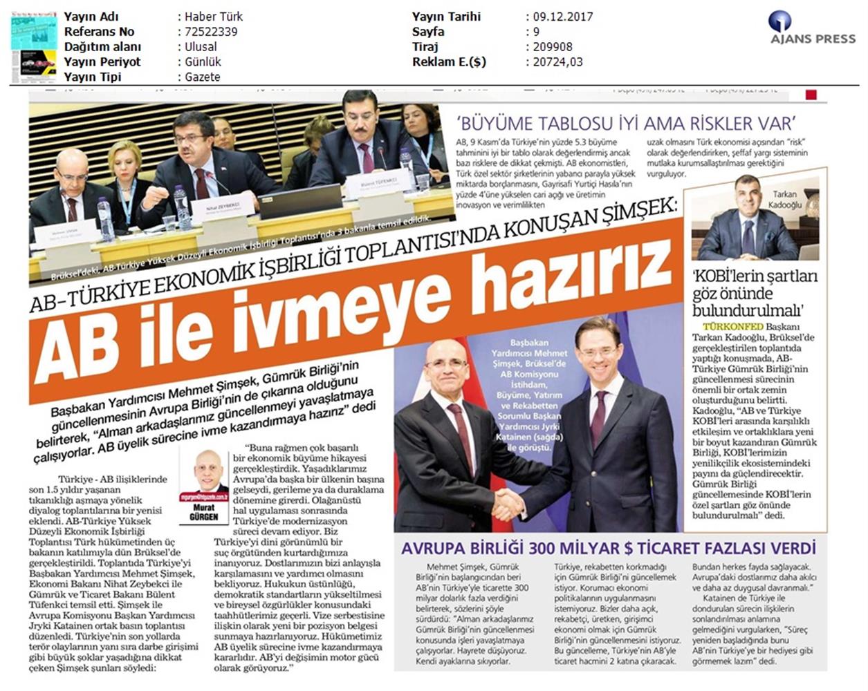 TÜRKONFED Başkani Kadooğlu Türkiye AB Ekonomi Diyalog Toplantısı Medya Yansimalari 8 Aralik 2017 - 14
