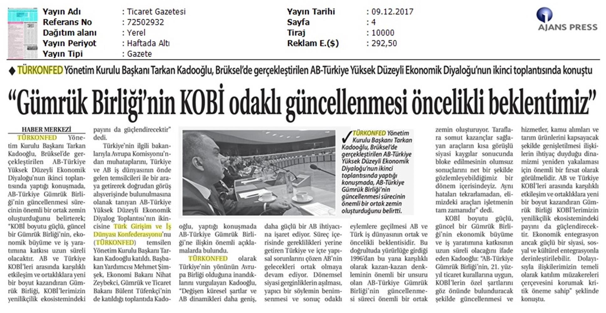 TÜRKONFED Başkani Kadooğlu Türkiye AB Ekonomi Diyalog Toplantısı Medya Yansimalari 8 Aralik 2017 - 16