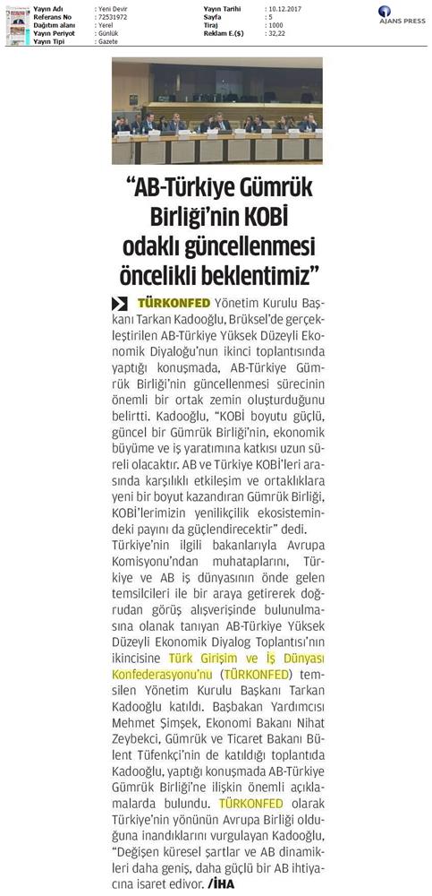 TÜRKONFED Başkani Kadooğlu Türkiye AB Ekonomi Diyalog Toplantısı Medya Yansimalari 8 Aralik 2017 - 23