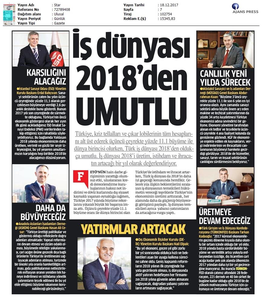 TÜRKONFED Başkani Kadooğlunun 2017 2018 Ekonomi Değerlendirmesi Medya Yansimalari 18 Aralik 2017 - 4